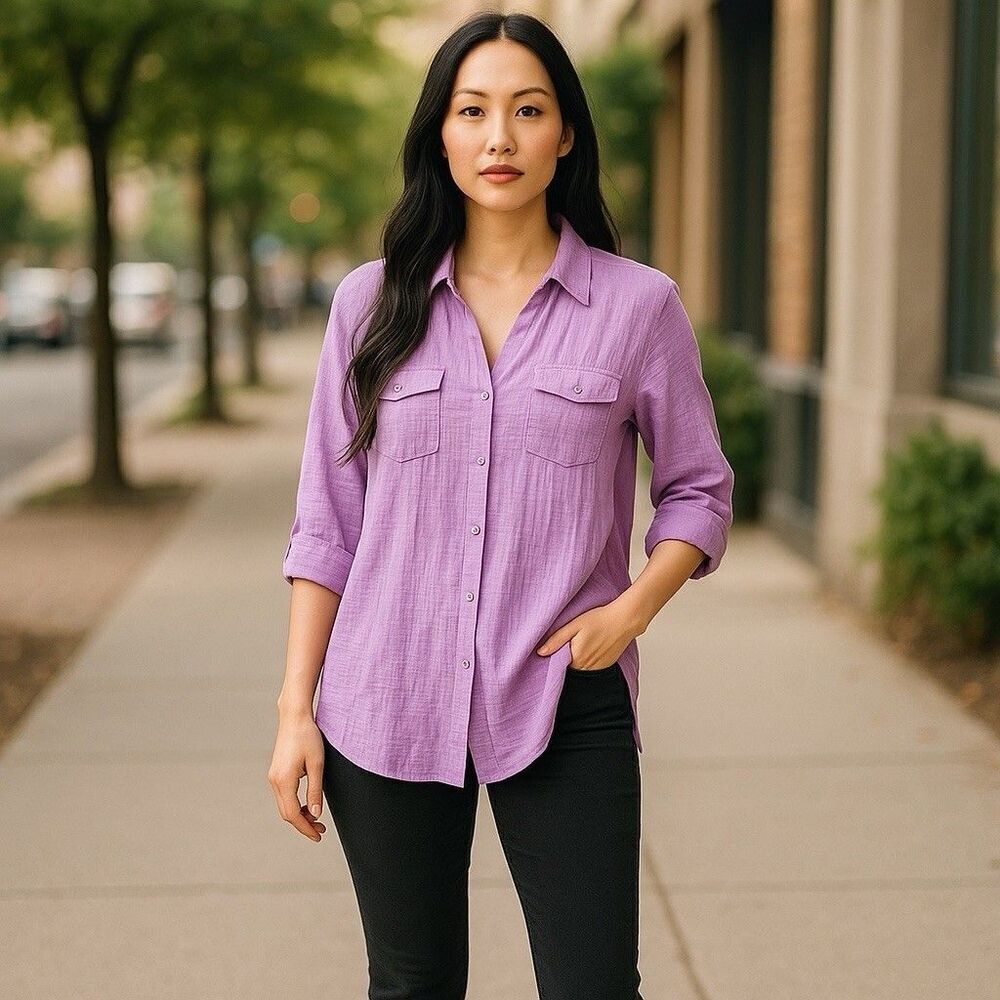 Azucar Button Down Shirt Sz M Lavender Braided‎ Back Gauzy  Roll Tab Sleeves